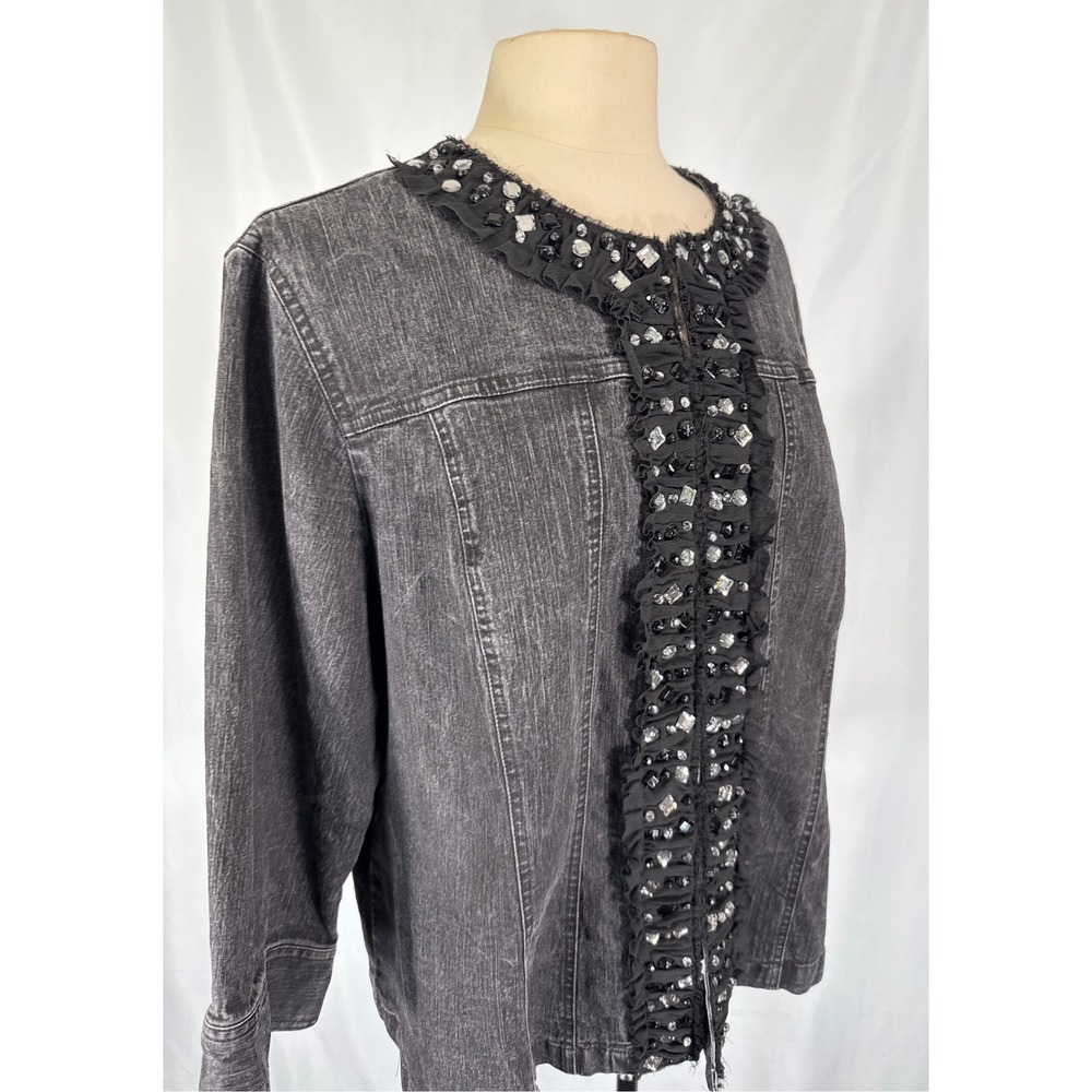 Ruby Rd 20W Black Embellished Denim Jacket Rhinestone Gem Ruffle 3/4 Sleeve‎ - Picture 4 of 11